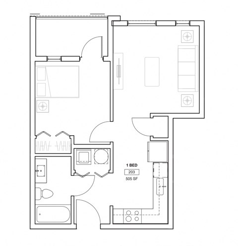 Floor plan for 1 bed, 1 bath, 520 sqft